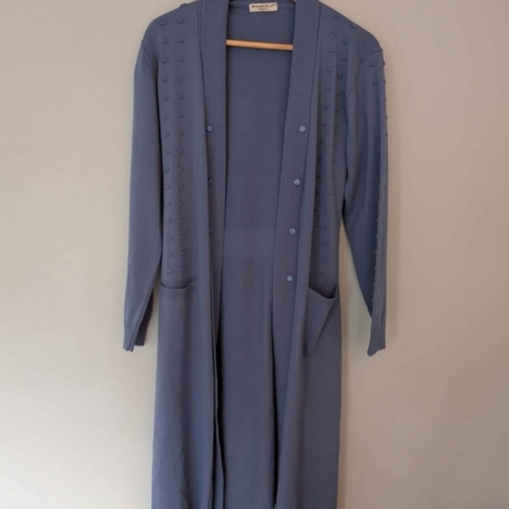 Blue Long Cardigan Tie Back NWOT Turkish Made Medium Pockets